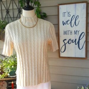TALBOTS PETITE ♡ Gorgeous Beige High Neck Cable Knit Short Sleeve Sweater Top MP